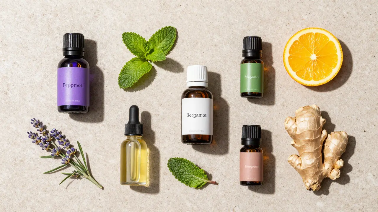 Composition artistique de bouteilles d'huiles essentielles et plantes