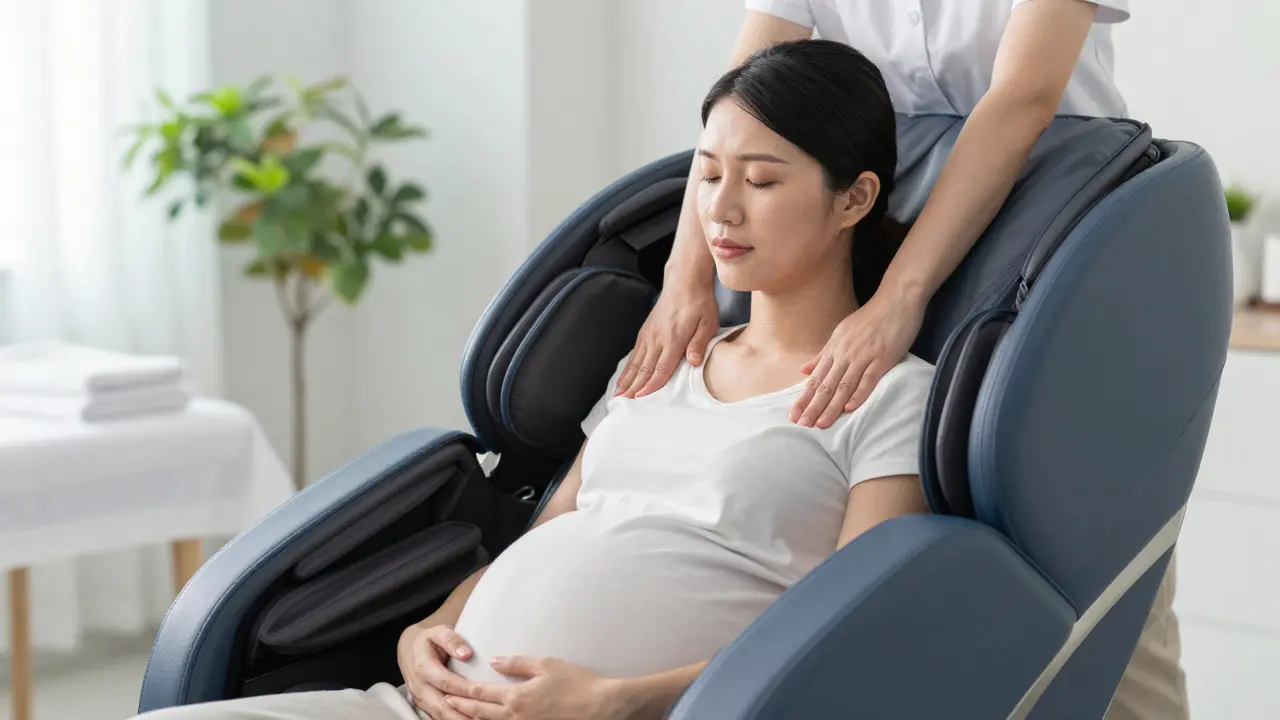 Femme enceinte relaxée dans un fauteuil ergonomique lors d'un massage