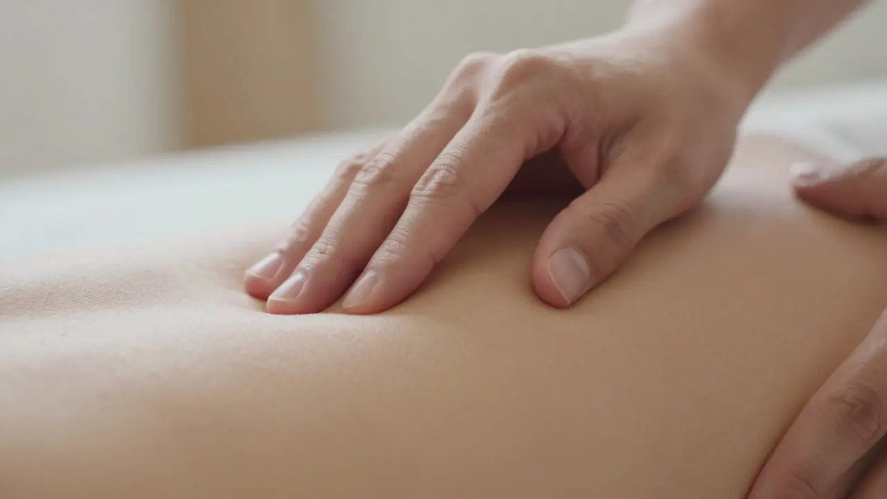 Mains appliquant une pression lente et statique sur un avant-bras pour libérer le fascia