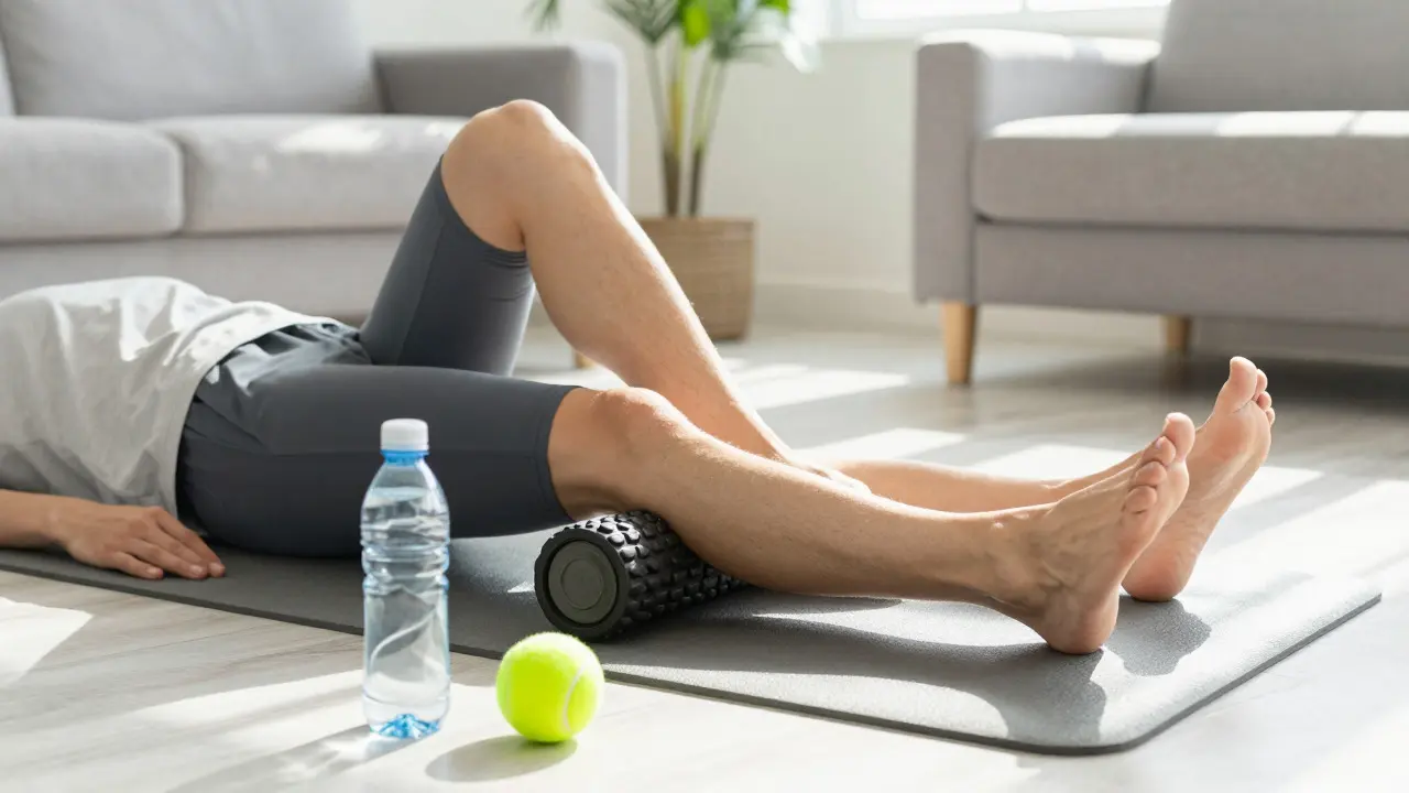 Personne utilisant un rouleau de massage sur les jambes dans un salon lumineux