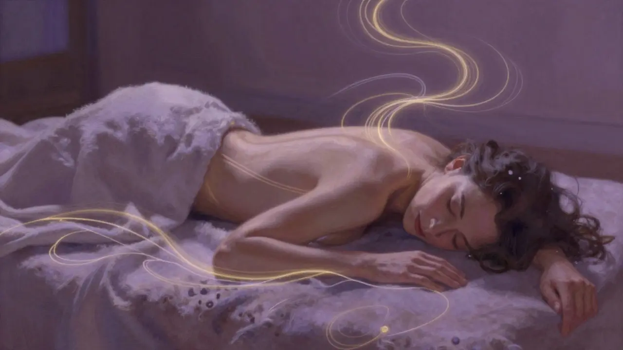 Femme allongée entourée de lumières abstraites symbolisant l'énergie corporelle