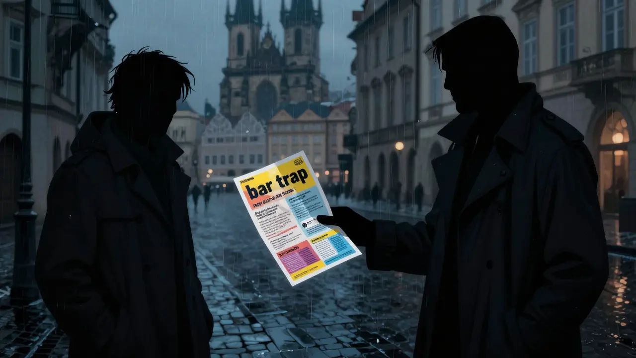 Illustration conceptuelle d'une arnaque de rue à Prague avec un prospectus trompeur