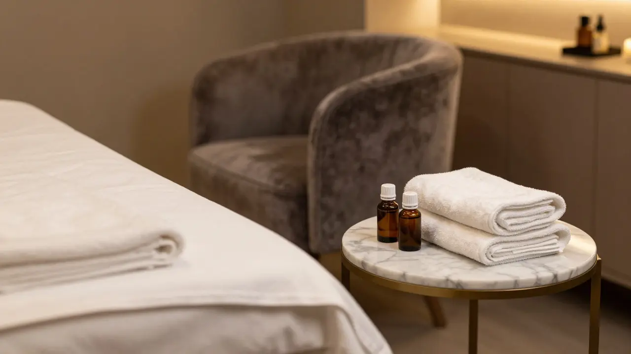 Intérieur luxueux et discret d'un salon de massage à Prague, éclairage tamisé