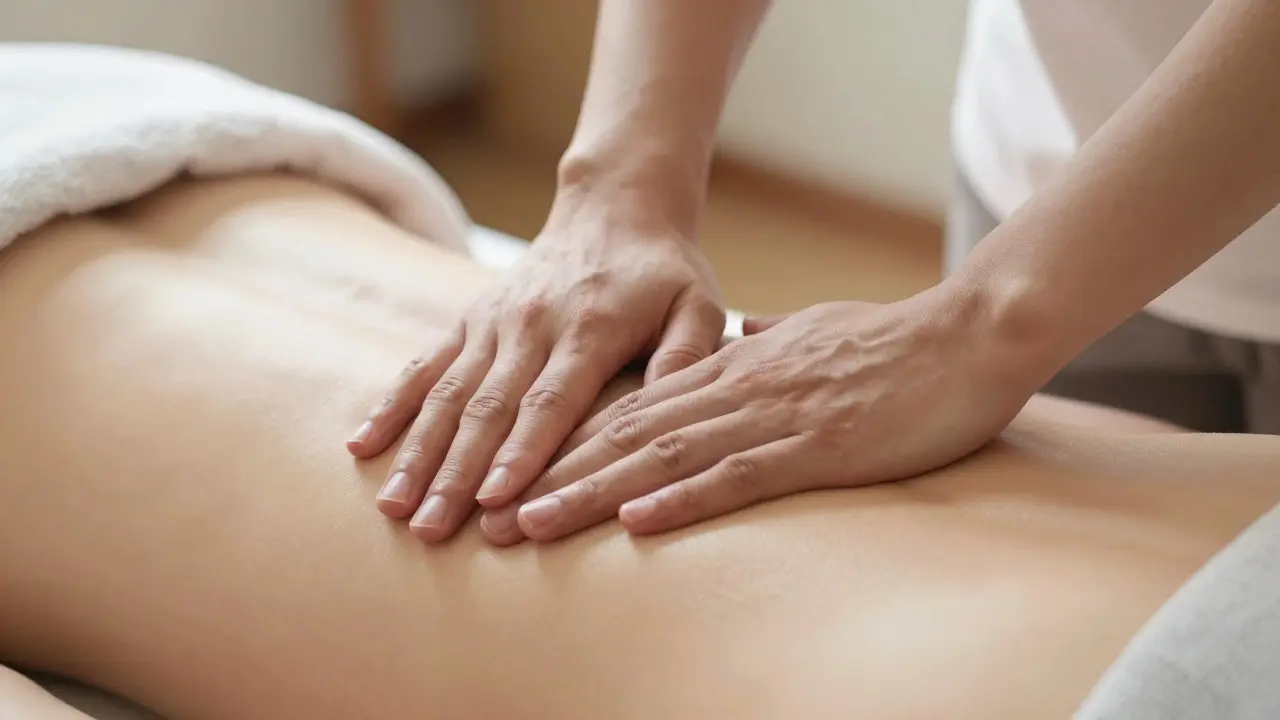 Mains d'un praticien effectuant un massage doux sur une table mobile