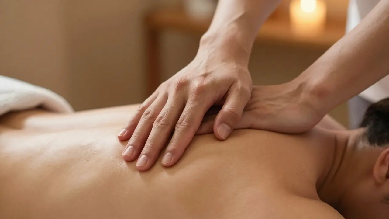 Mains d'un thérapeute appliquant une pression profonde sur les épaules