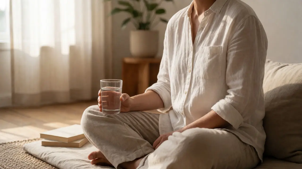 Personne assise et rafraîchie après une séance de bien-être dans un studio lumineux et minimaliste.