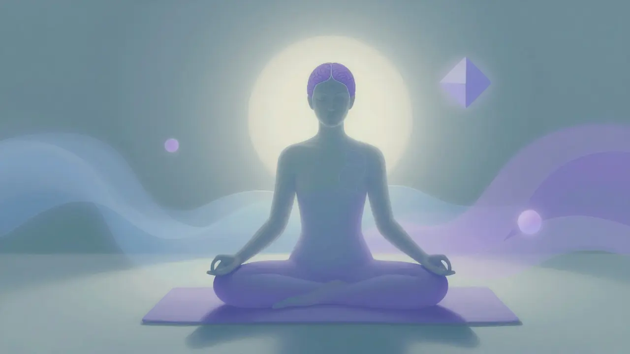 Personne en méditation entourée de couleurs apaisantes symbolisant le bien-être