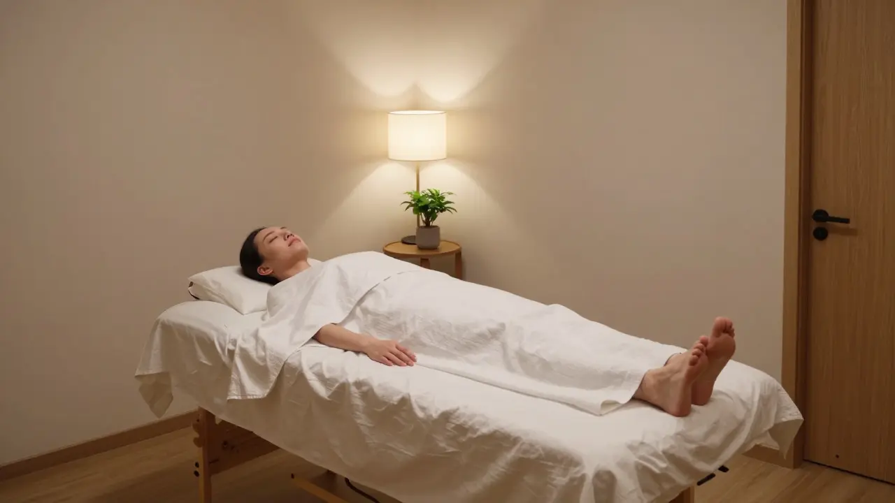 Salle de soin Reiki calme et lumineuse avec une personne reposant sur un futon