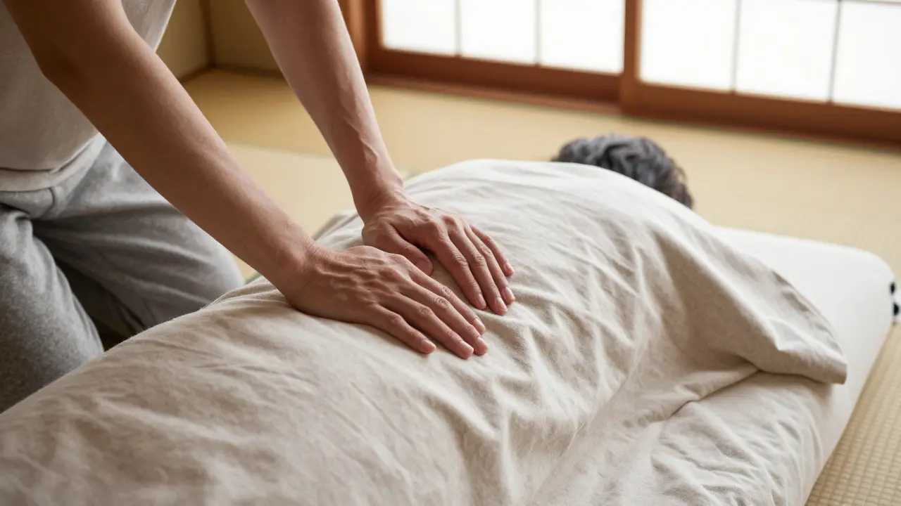 Salle de traitement Shiatsu traditionnelle avec futon et vêtements amples