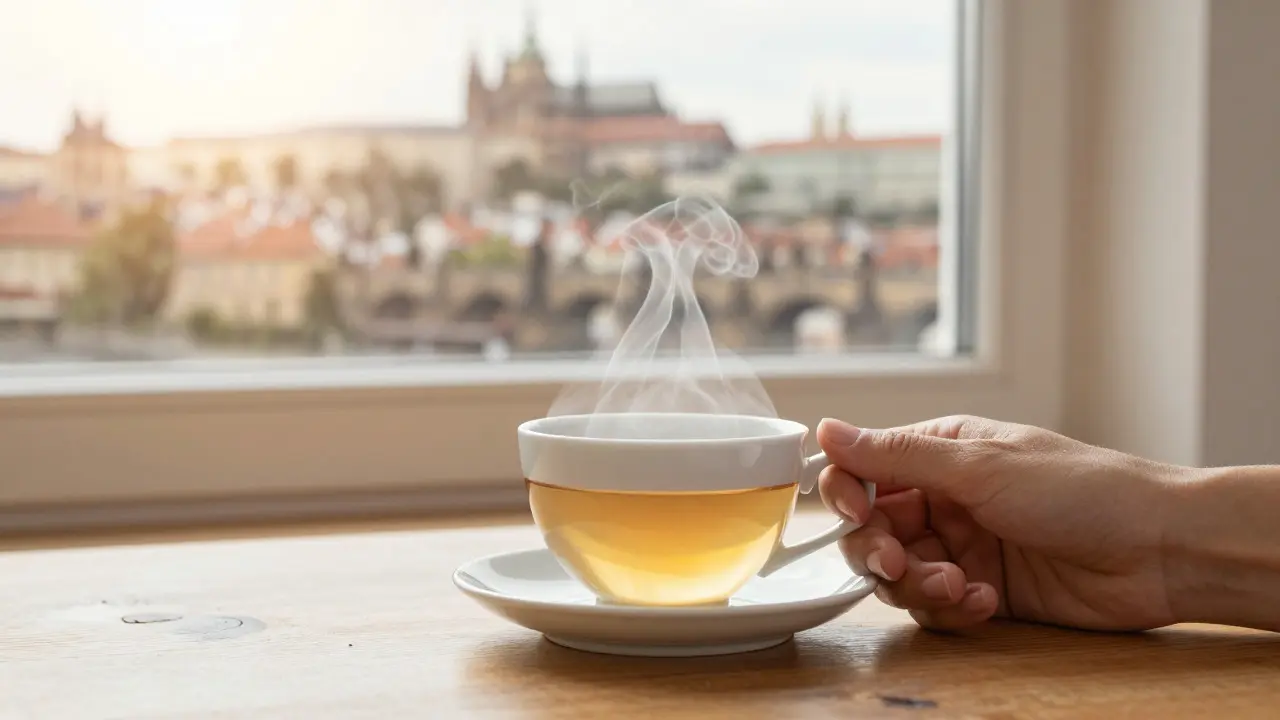 Tasse de thé fumante devant une vue floue du Pont Charles à Prague