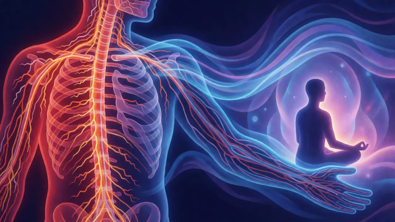 Visualisation abstraite du système nerveux passant du stress rouge à la calme bleu grâce à l'énergie.