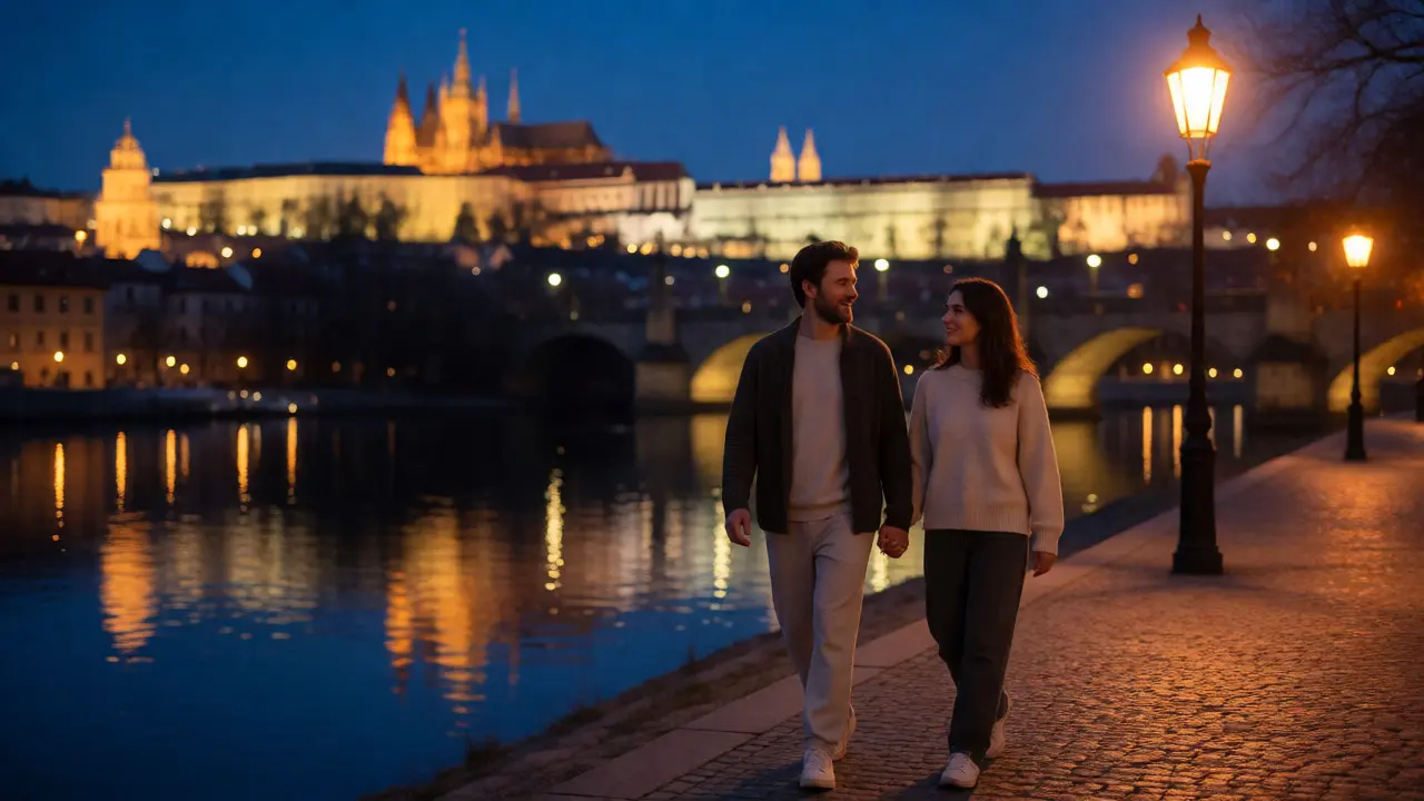 Couple se promenant le long de la Vltava après une séance